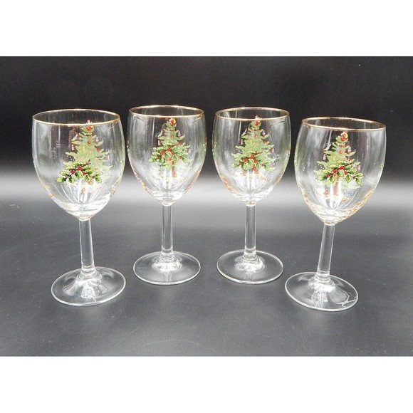 Spode Christmas Tree Wine Water Glasses Goblets Gold Trim 7-1/2 Inch Set of 4 - Picture 2 of 13